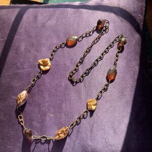 Vintage Style Long Necklace Amber Agate Resin Shells Bronze-Tone Chain